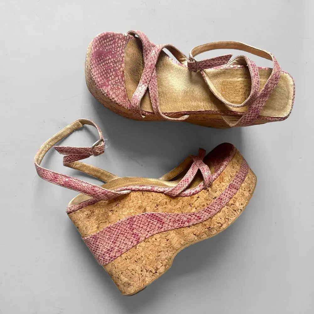 90s Mega Platform Sandal Pink Faux Snakeskin Leather Sz 8 Cork Wedge Square Toe